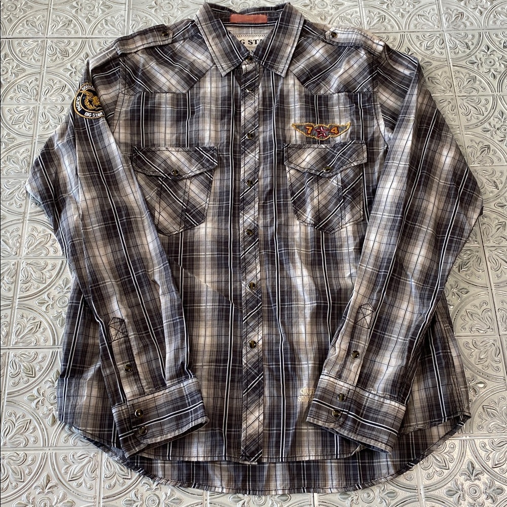 Big Star Western Gray Plaid Pearl Snap Button Down Shirt